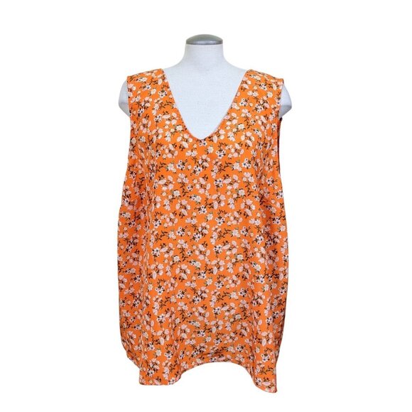 Womens Plus Size Orange Ditsy Floral Top 3X Sleeveless Tank V Neck Lightweight - Picture 1 of 7